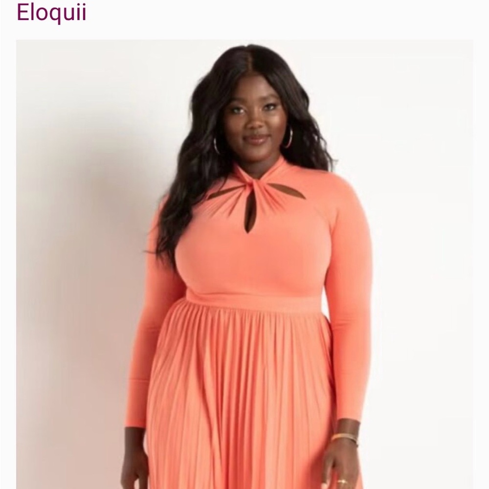 Elegant Coral Maxi Dress | Long Sleeve Keyhole Neckline | Flowy Pleated Skirt